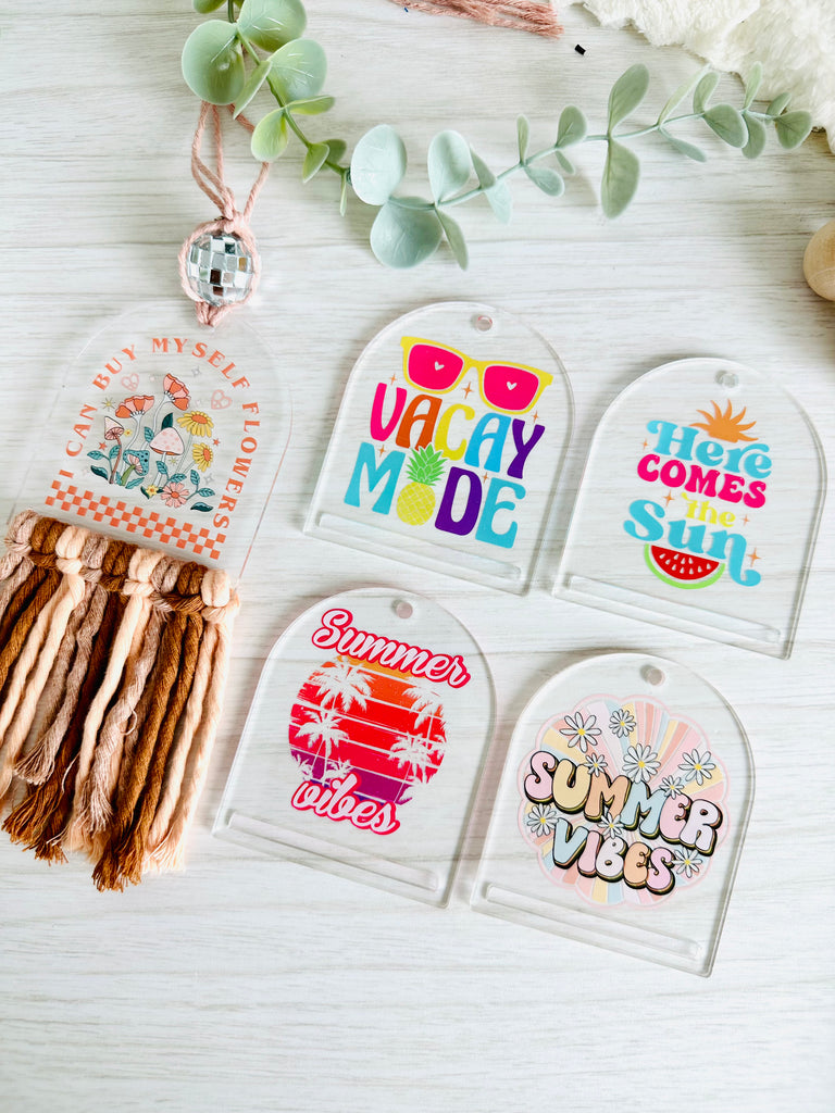 SUMMER VIBES PRINTED ACRYLIC MACRAME CAR CHARMS | Macrame Acrylic Charms